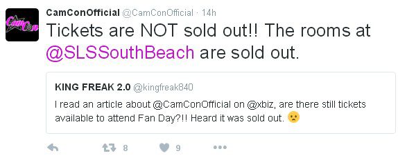 CamCon twitter indicates tickets are NOT sold out, XBIZ adult news site suggest in their headline that the event is sold out.
